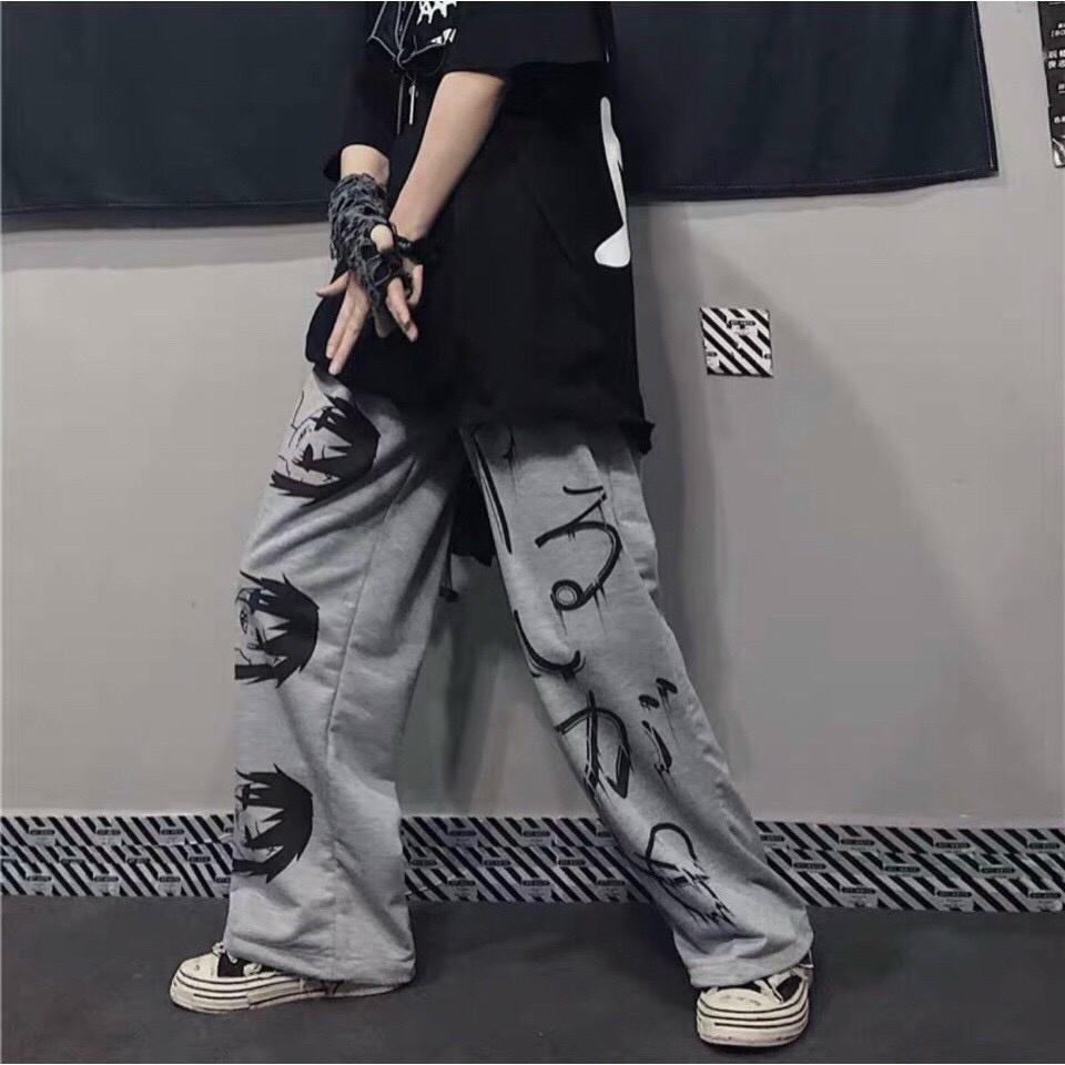 Quần DÀI Ống Rộng IN HÌNH SA.JA Ulzzang Unisex, ống loe cạp cao dài 100cm hack chân tôn dáng màu đen thời trang