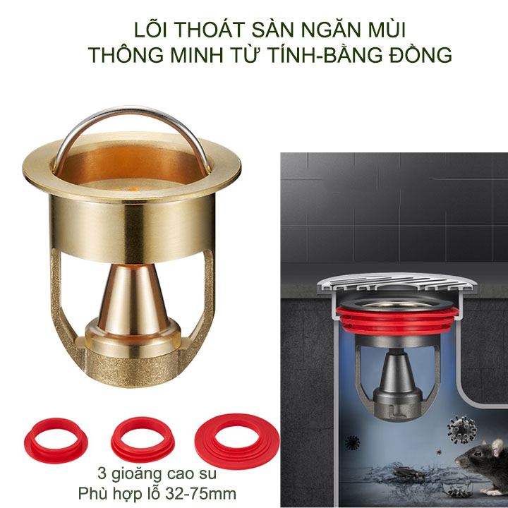 Lõi thoát sàn ngăn mùi thế hệ mới từ tính Cu32, bằng đồng đúc kèm 3 gioăng cao su D32-75mm