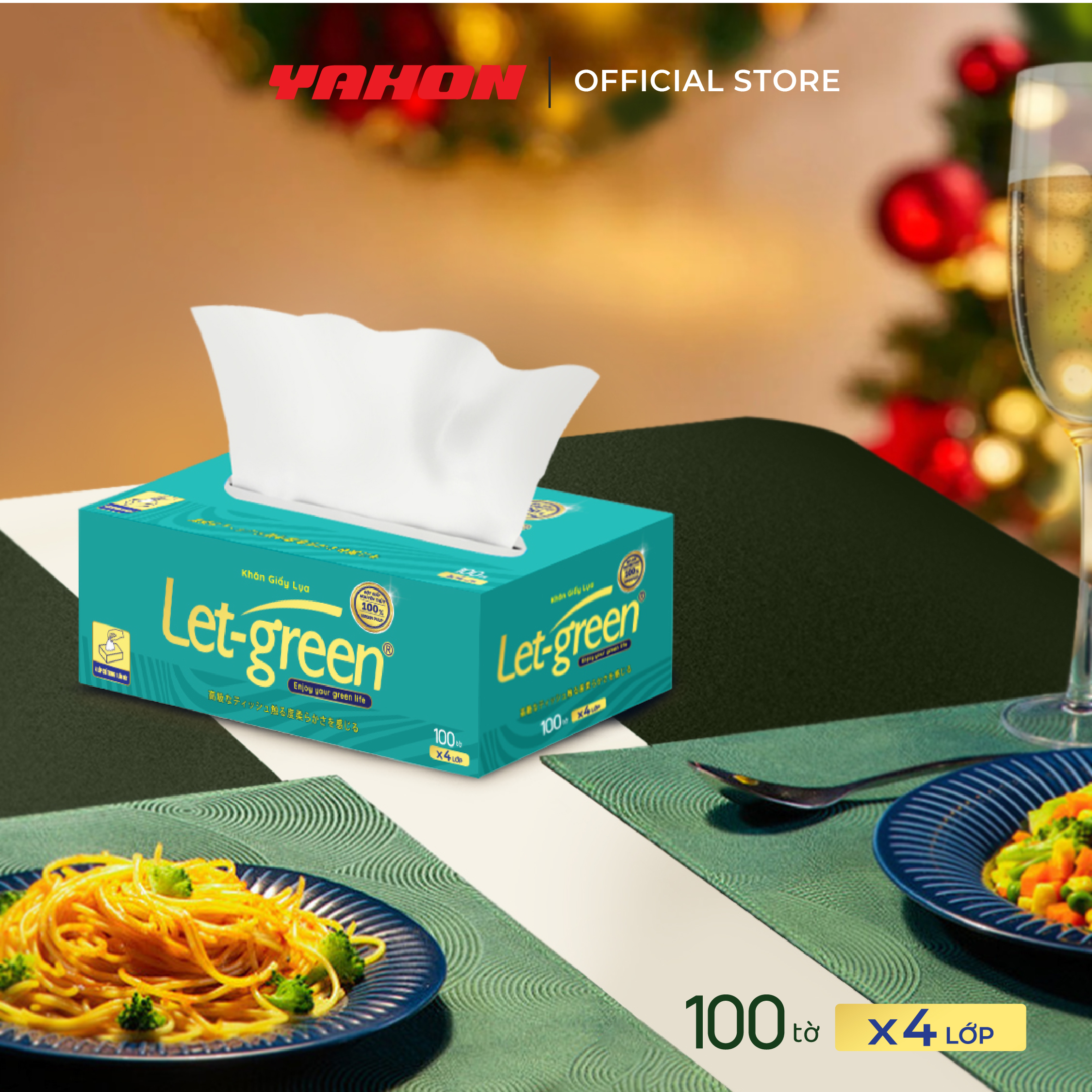 Khăn Giấy Lụa 4 Lớp LET-GREEN 100 Tờ/Hộp, 4 Lớp/Tờ | 100% Bột Giấy Nguyên Thủy