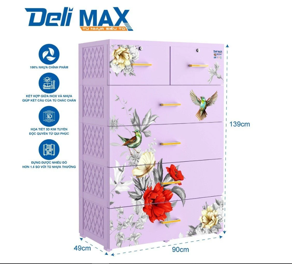 Tủ nhựa 5 tầng Qui Phúc D'eli Max màu tím mẫu Hoa KT 900 x 490 x 1390 mm