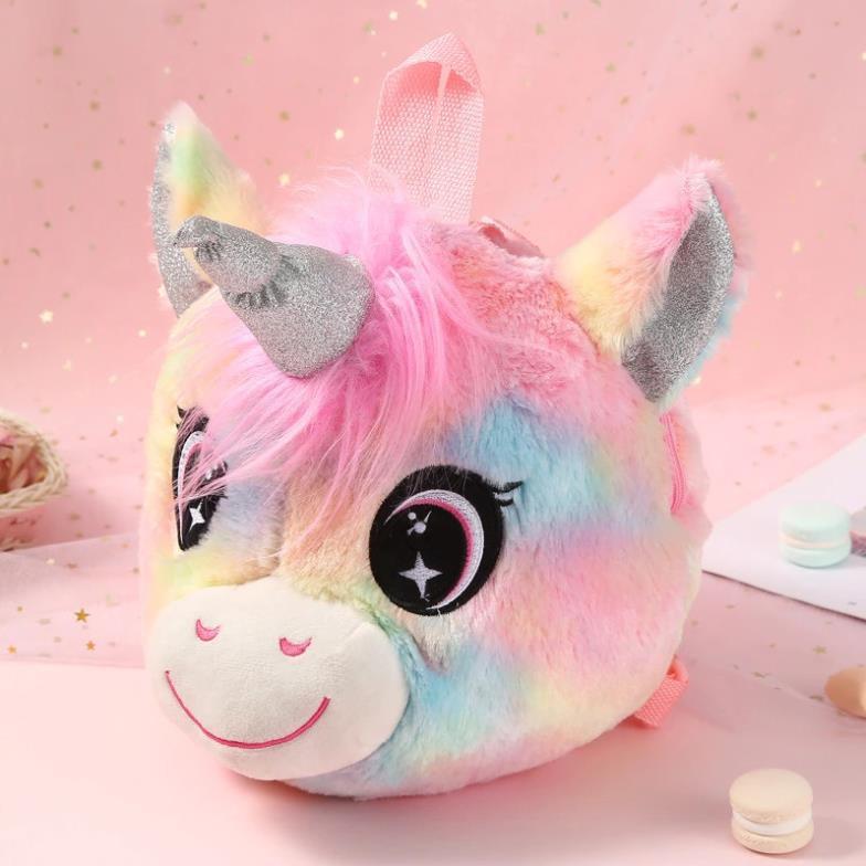 Balo trẻ em, balo pony màu cầu vồng siêu đáng yêu, túi 3D đầu kỳ lân lông mềm - SIÊU HOT