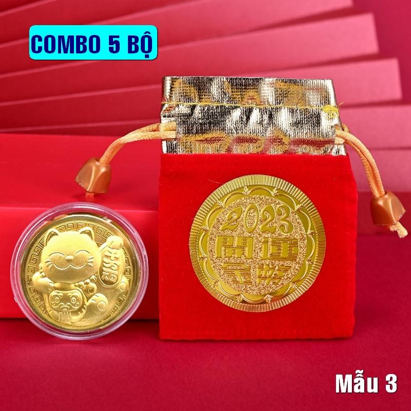 05 Đồng xu con Mèo kèm theo túi bảo quản cao cấp bằng nhung đỏ 2023, quà tặng may mắn - Mẫu 3 - NELI - RƯỚC LỘC XUÂN