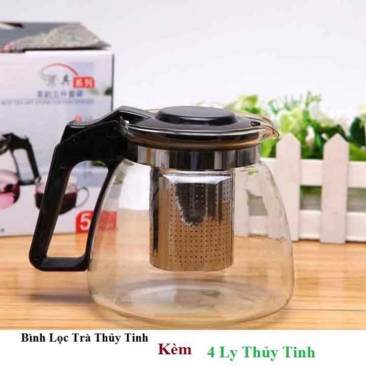 Bình Lọc Trà Thủy Tinh Tặng Kèm 4 Ly Sang Trọng - CÓ LỖi LỌC TRÀ INOX 1300ML- BÌNH PHA TRÀ CHẾ CAFE TIỆN LỢI 2in1