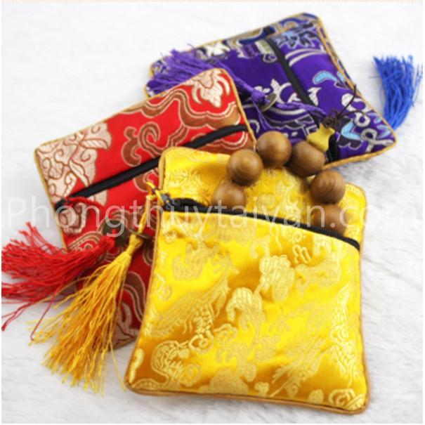 Túi nhỏ THỔ CẨM dây kéo-thêu phật giáo 2 lớp
