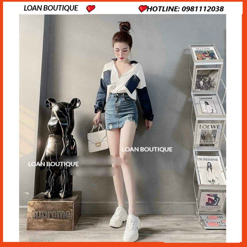 Chân váy jeans rách ngắn co giãn có lót quần kín đáo LOAN BOUTIQUE