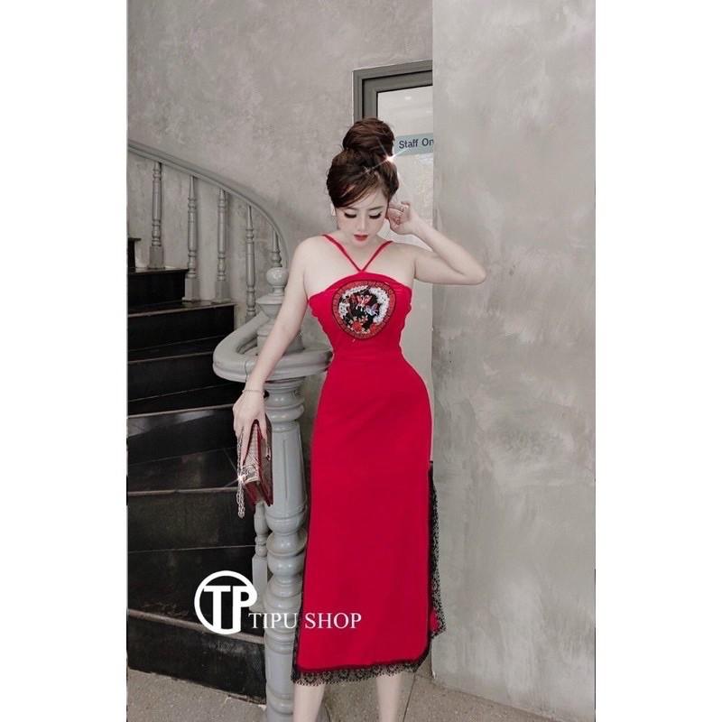 Đầm cổ yến chất nhung dài xẻ tà phối ren dài qua gối hàng shop- R0B