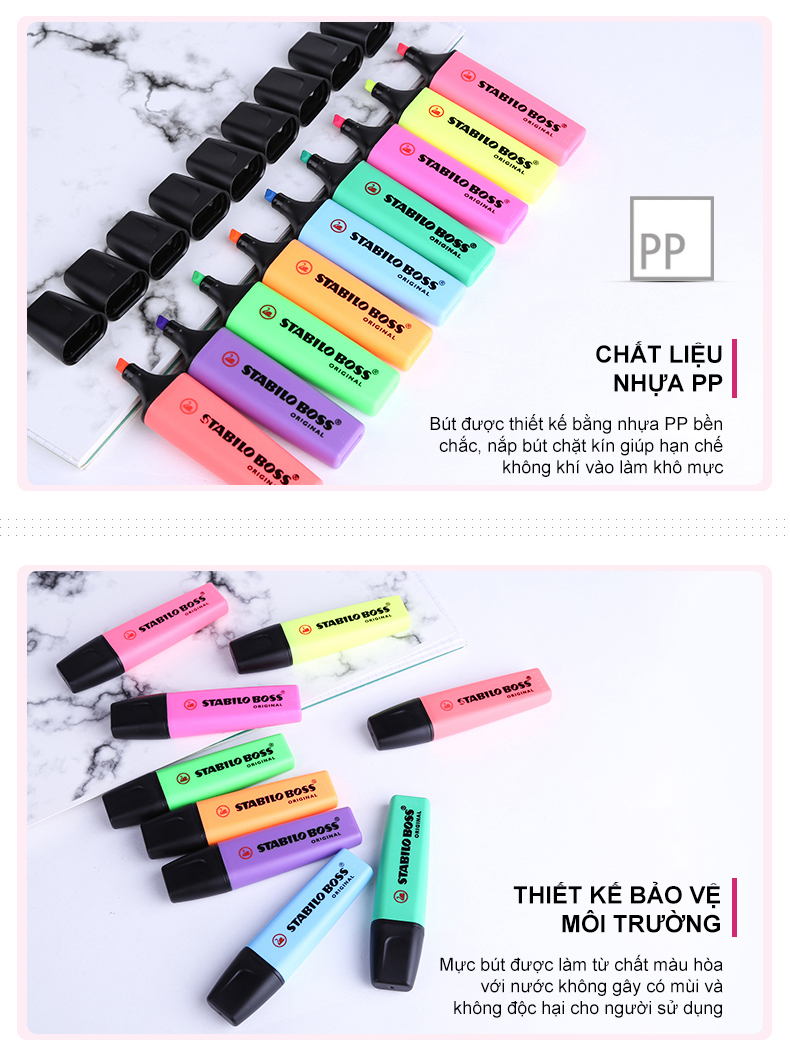 Bộ bút dạ quang STABILO BOSS ORIGINAL - Bộ 3 Bút dạ quang STABILO BOSS ORIGINAL Pastel vàng + hồng + tím (HLP70-C459)