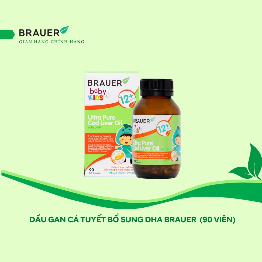 Viên mềm Dầu gan cá Tuyết tinh khiết và DHA Brauer Baby & Kids Ultra Pure Cod Liver Oil with DHA cho bé trên 1 tuổi (90 viên) - Nhập khẩu Australia