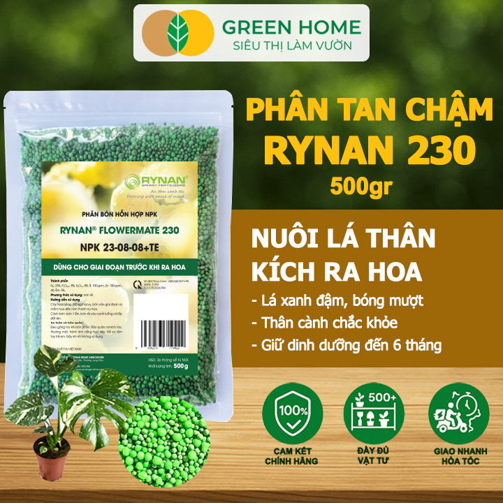 Phân Tan Chậm GreenHome, Rynan 230, Bao 500gr, Dùng Cho Hoa Kiểng, Kiểng Lá Trước Khi Ra Hoa