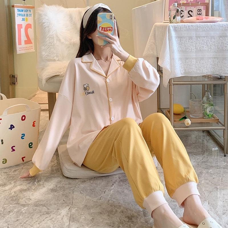 Đồ Mặc Nhà Pijama Dễ Thương, Đồ Bộ Nữ Cotton Áo Dài Quần Dài Màu Trơn Vàng Hồng DDCP06