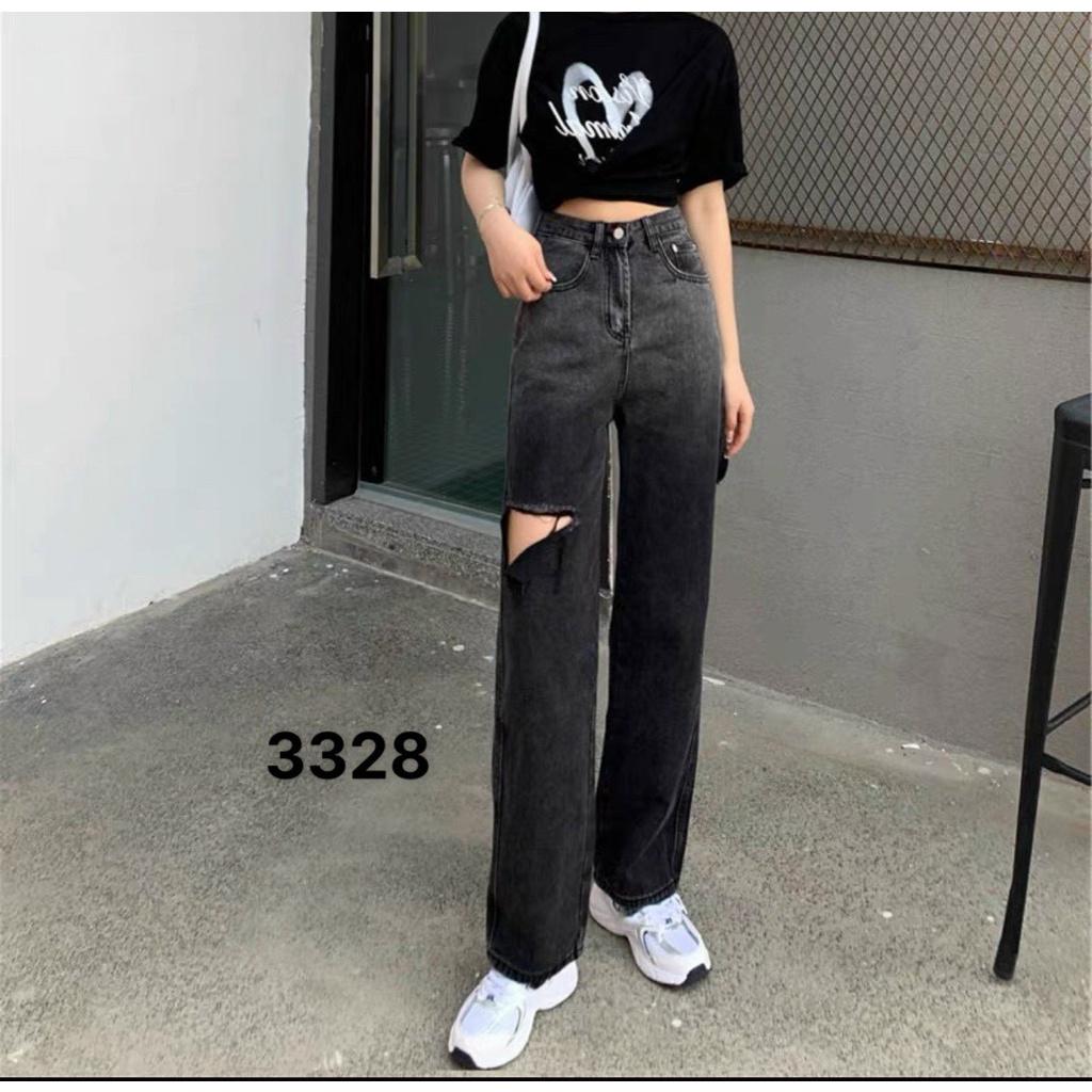 Quần bò ống rộng nữ quần jeans ống rộng suông đứng màu xám loang khói dáng suông vải bò dày đẹp cao cấp