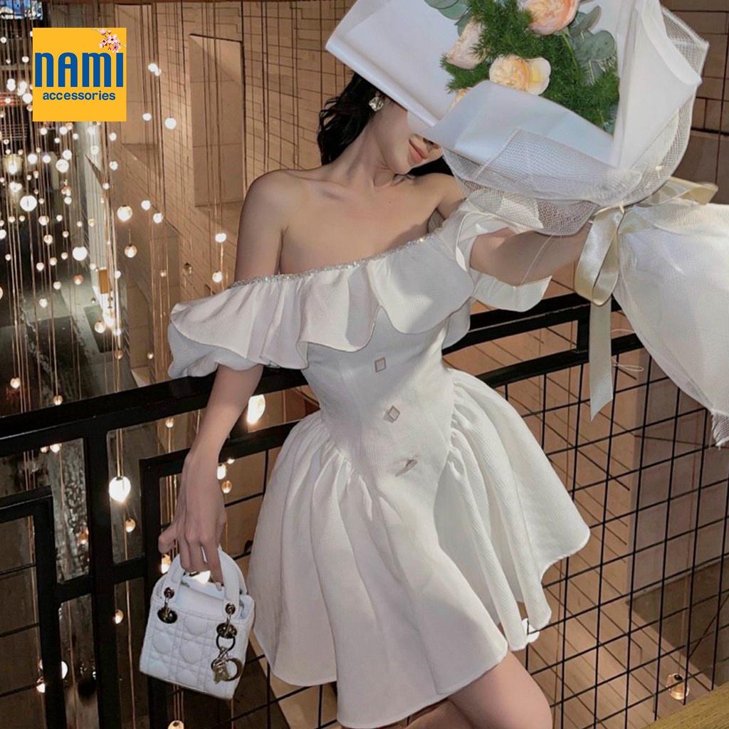 Đầm xoè trễ vai nhúng bèo tay phồng kết đá Nanami chất liệu bố karo form dáng tiểu thư xinh xắn điệu đà nổi bật- ATNU063