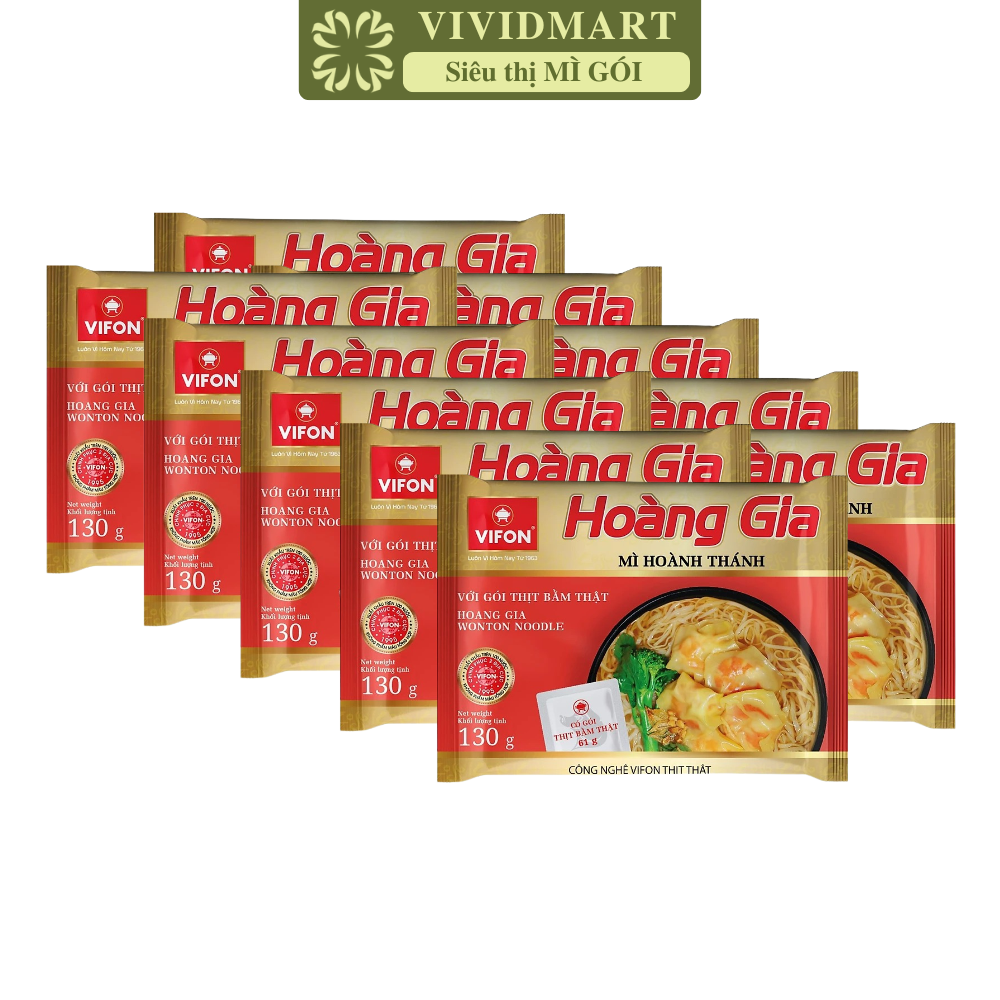VIFON - Mì Hoàng Gia hương vị Hoành Thánh (có gói thịt bằm thật), Mì hoành thánh Hoàng Gia Vifon (130g/gói)