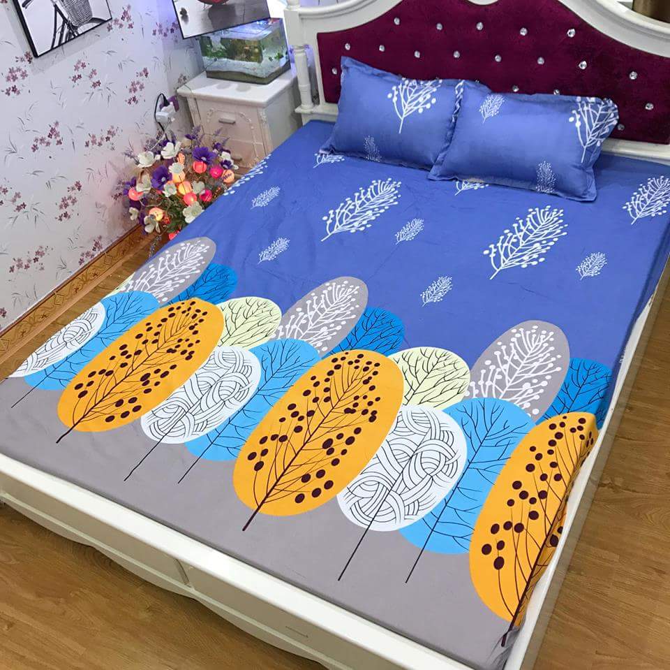 Set 5 món chăn hè ga chun Cotton Poly - Lá Cọ - Tặng kèm 1 móc khóa Houston