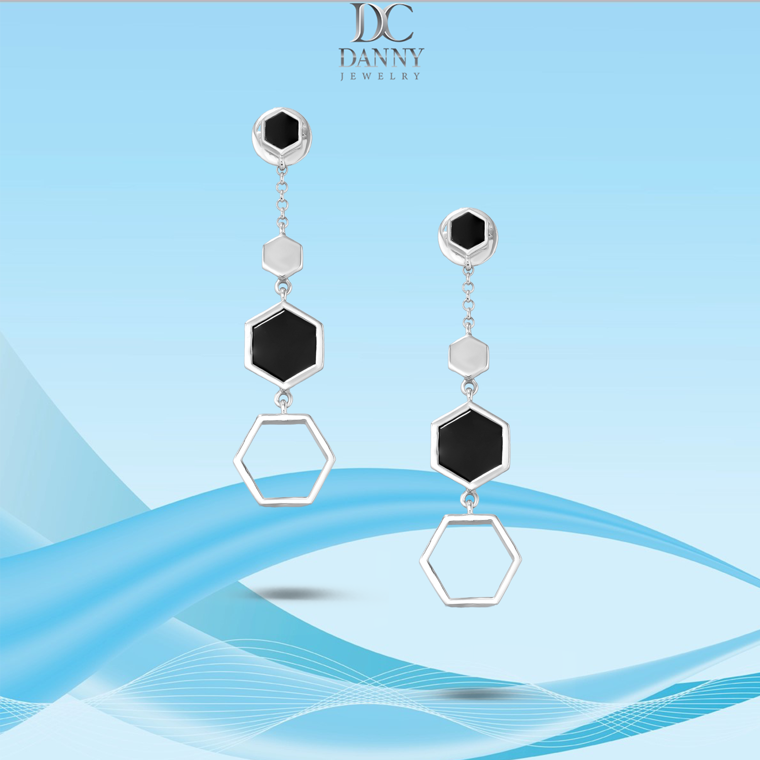 Bông Tai Nữ Danny Jewelry Bạc 925 Hình Lục Giác Đính Đá Onyx Xi Rhodium BT0041