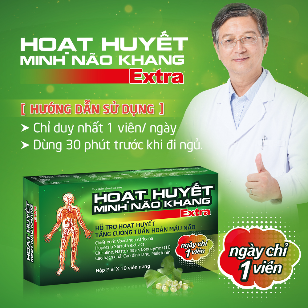 Hoạt Huyết Minh Não Khang Extra Hỗ Trợ Hoạt Huyết, tăng Cường Tuần Hoàn Máu Não Hộp 2 Vỉ x 10 Viên Nang