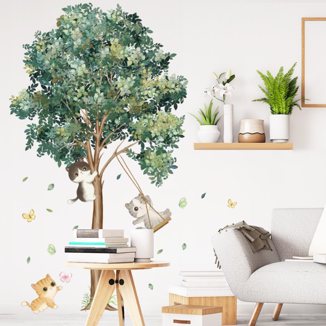 Decal trang trí tường - Chú mèo ngồi xích đu trên cây xanh