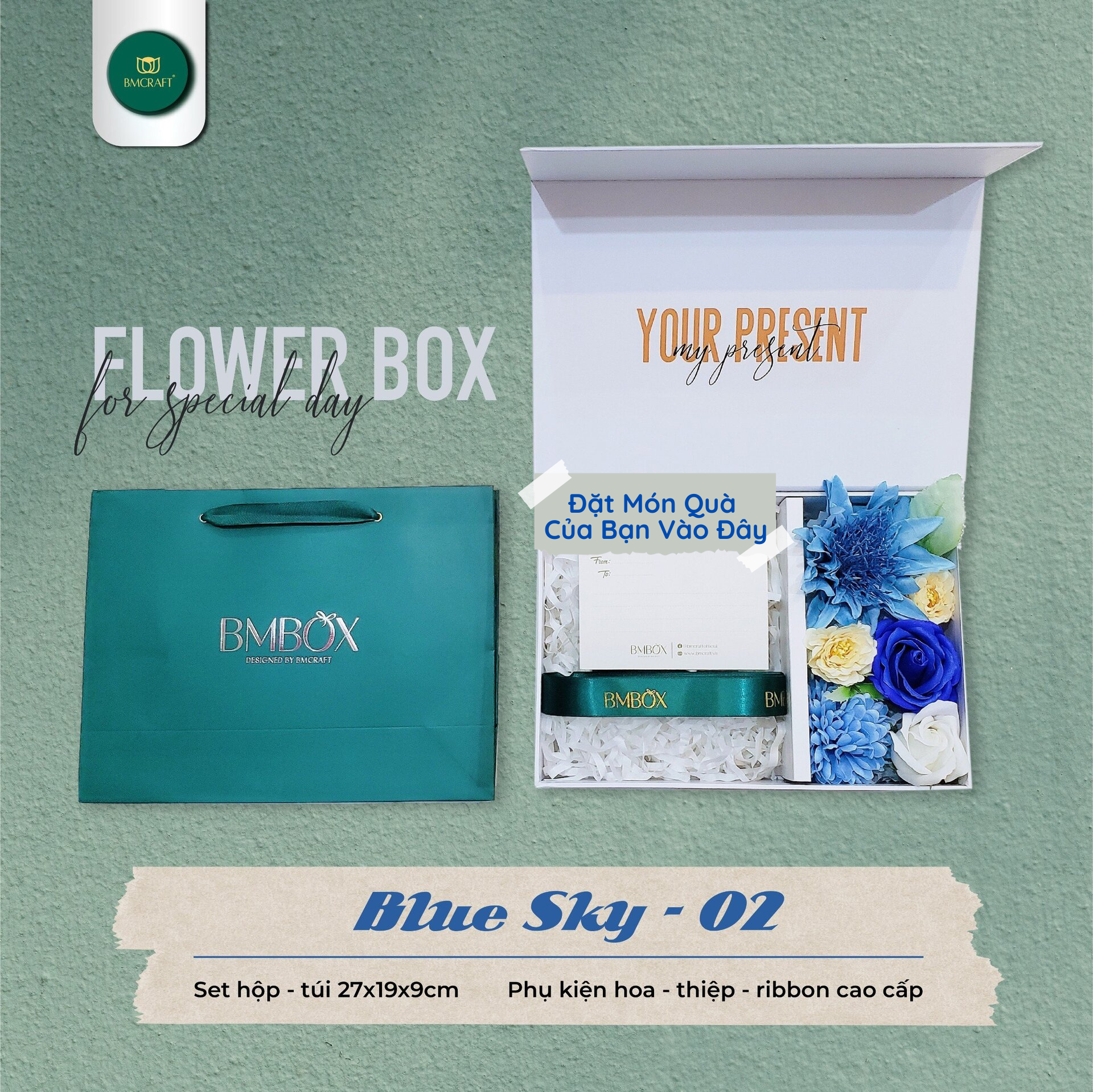 Hộp Quà Tặng Thiết Kế BMBOX HQTTK02 - Tiện Dụng, Phù Hợp Với Nhiều Món Quà - màu xanh bầu trời, 29x19x9 (cm)