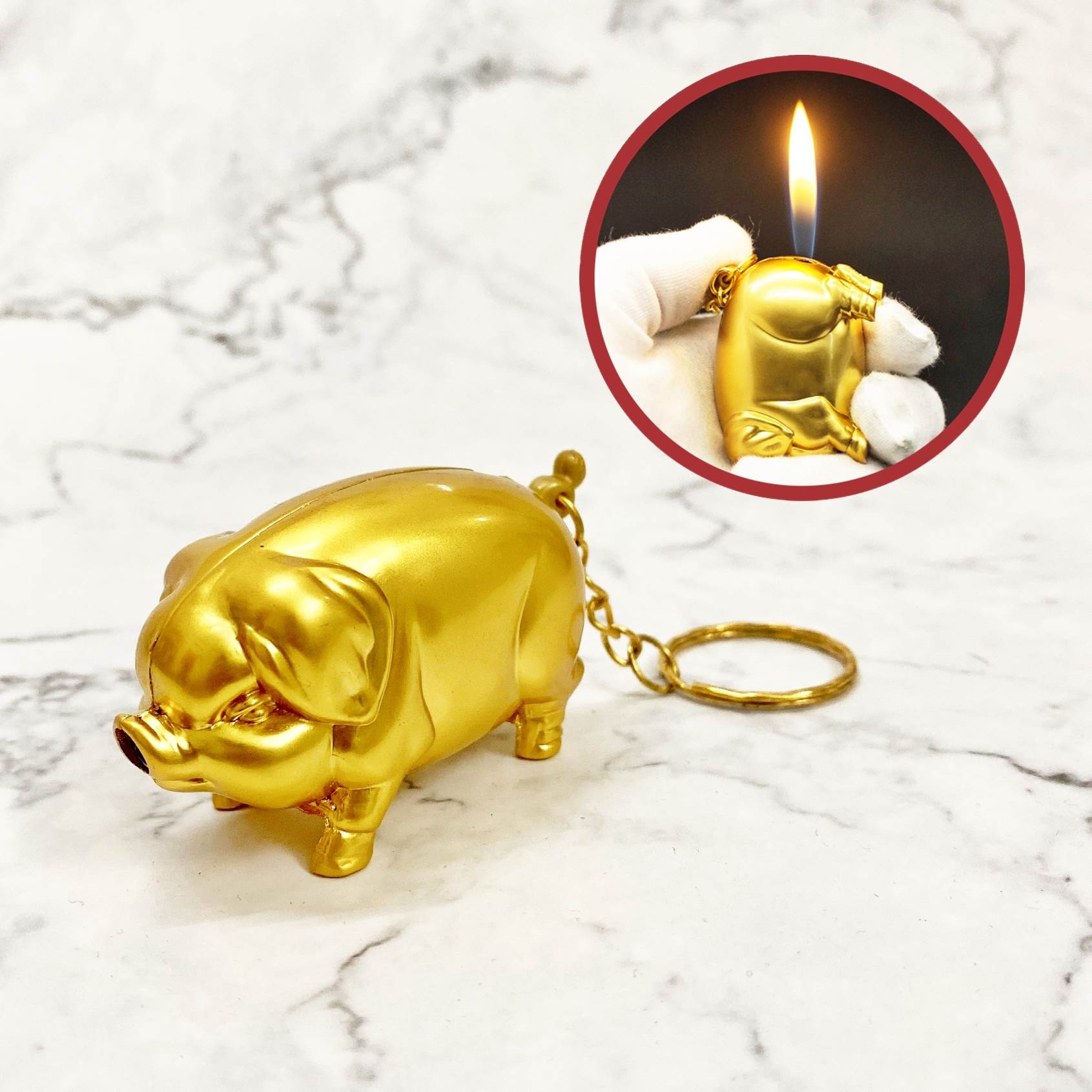 Hột quẹt bật lửa móc khóa hình con heo vàng -