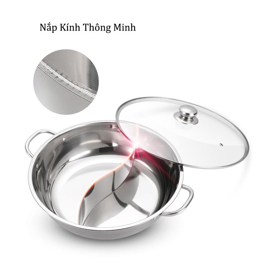 Nồi lẩu 2 ngăn mini đa năng dùng được mọi loại bếp, Nồi lẩu inox 304 thông minh có nắp kính tiện lợi dùng 2 nước lẩu