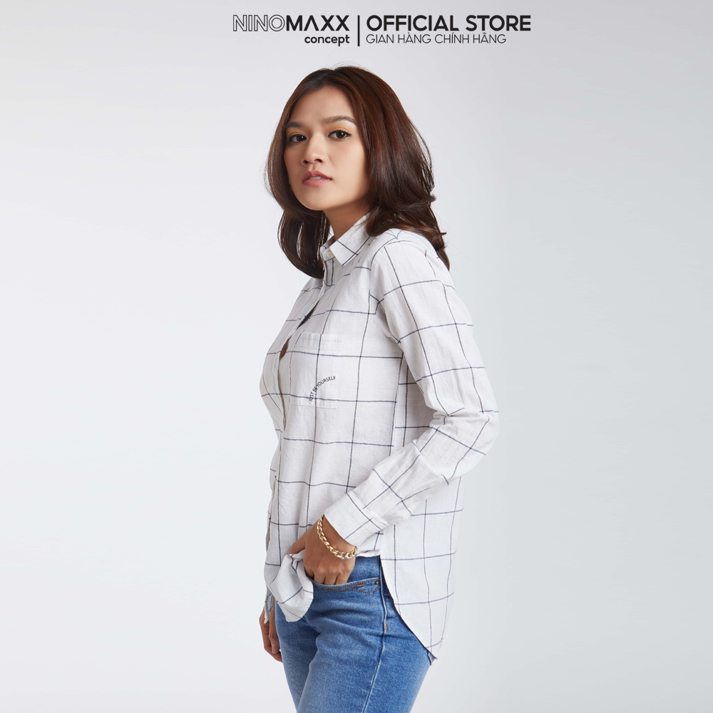 Ninomaxx Áo Sơ Mi Nữ Tay Dài Sọc Caro phối chữ chất cotton pha linen 1907097