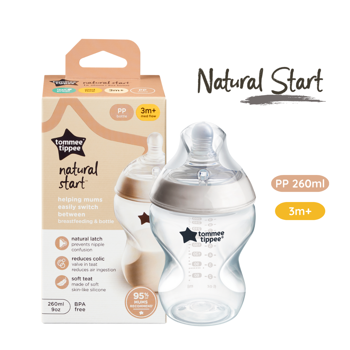 Bình sữa ty siêu mềm tự nhiên Tommee Tippee Natural Start 260ml, núm ty đi kèm 3-6 tháng