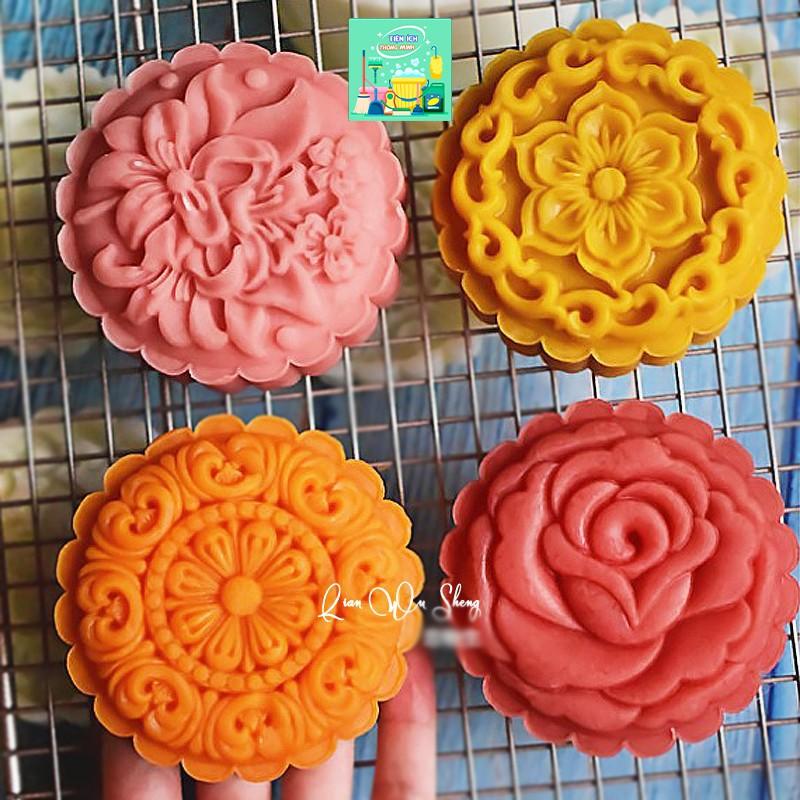 Khuôn lò xo hoa sen nhựa 200g - Khuôn bánh trung thu 4 mặt hoa 3D - BT103