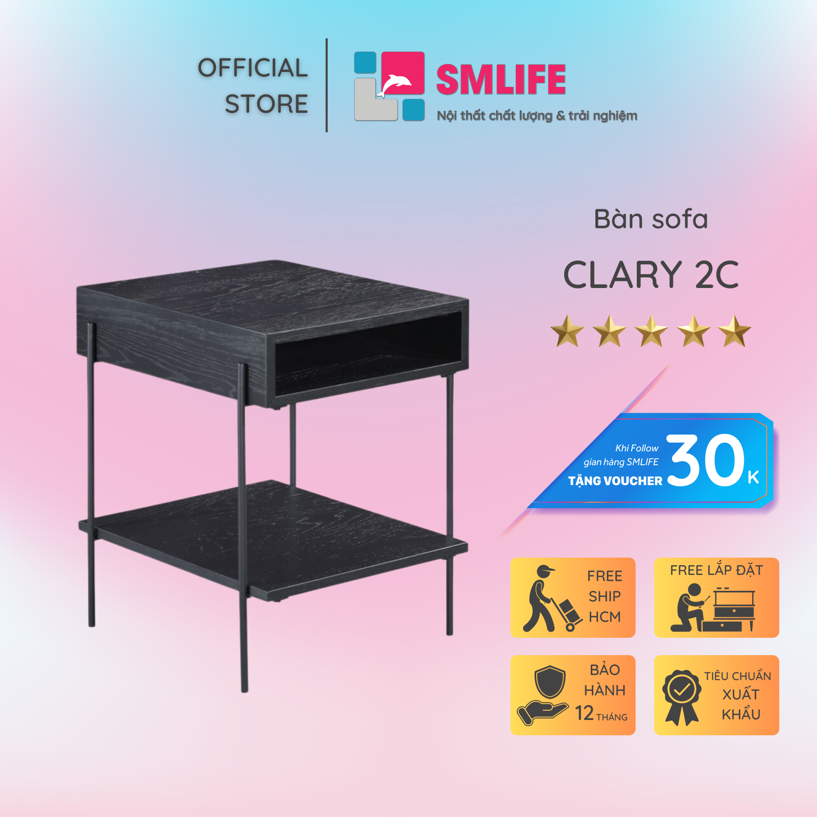 Bàn sofa 2 tầng gỗ sồi sang trọng SMLIFE Clary 2C | D50,8 x R40,6 x C56,0cm |gỗ Cao Su và Veneer Sồi