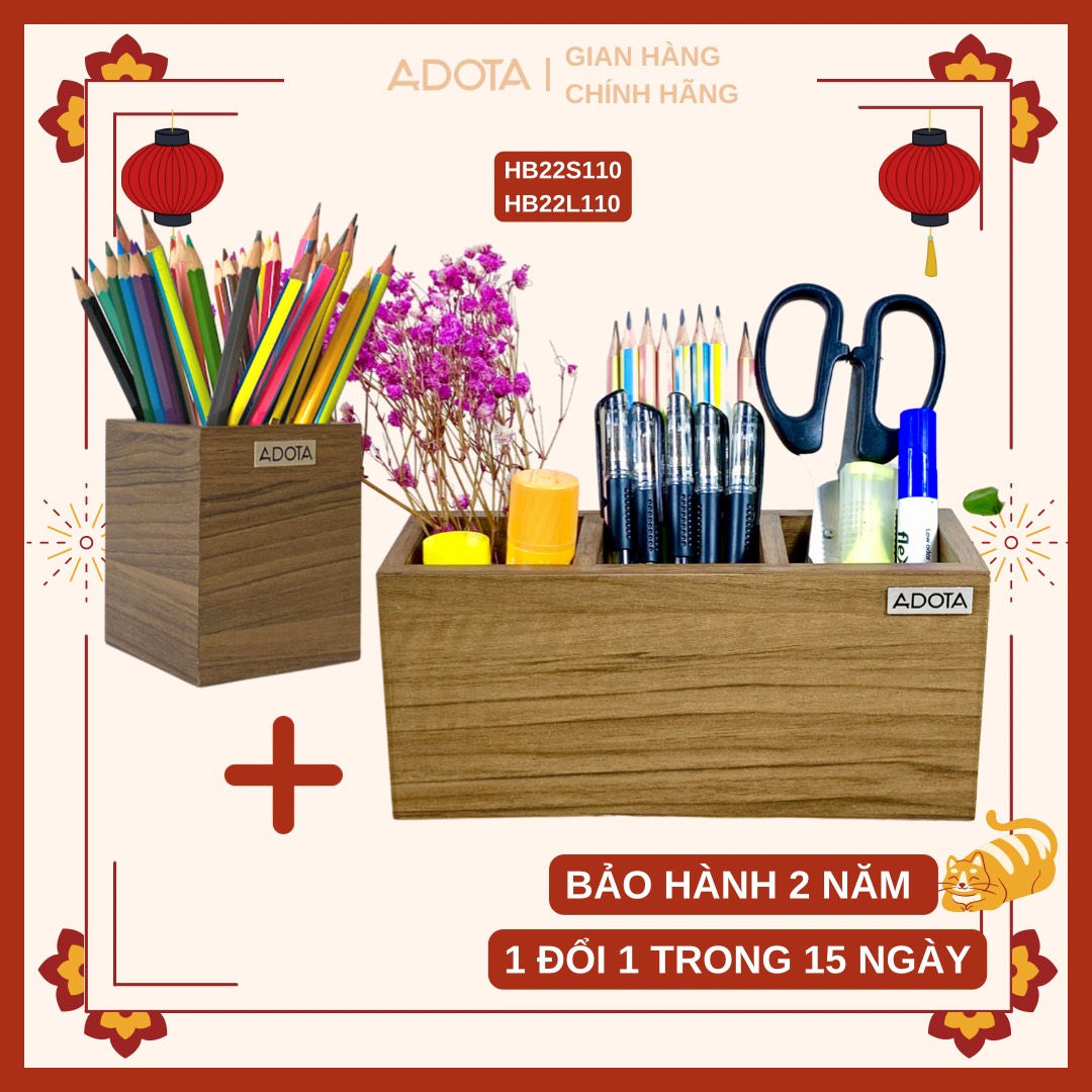 Combo hộp cắm bút đơn và hộp cắm bút 3 ngăn để bàn decor bàn làm việc phong cách hiện đại sang trong gỗ MDF siêu bền ADOTA