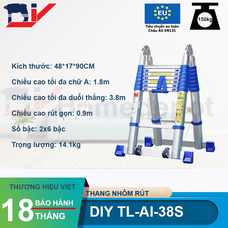 Thang nhôm rút đôi DIY TL-AI-38S chiều cao sử dụng tối đa chữ A 1.8m chữ I 3.8 m - Tiêu chuẩn chất lượng an toàn Châu Âu