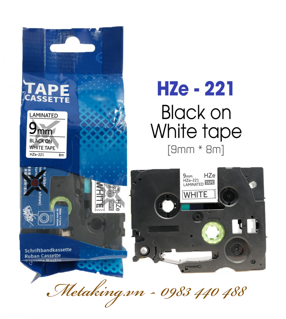 Nhãn in tiêu chuẩn HZe-221, khổ 9mm x 8m, chữ đen nền trắng, dùng cho máy in nhãn Brother