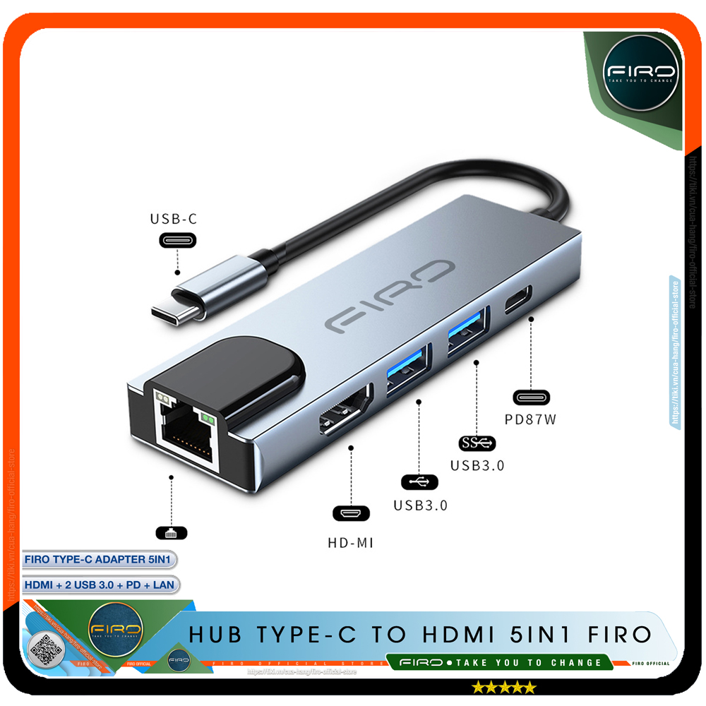 Hub Type C FIRO 5in1 - Hub Chuyển Đổi Type C To HDMI Chuẩn HDTV - 1 Cổng Mạng Lan, 1 Cổng HDMI/HDTV 4K, 2 Cổng USB 3.0, 1 Cổng Sạc Nhanh Type C PD - Kết Nối Nhiều Thiết Bị Với Tốc Độ Cao - Dùng Cho Tivi/Laptop/Playstation/PC/Smartphone – Hàng Chính Hãng