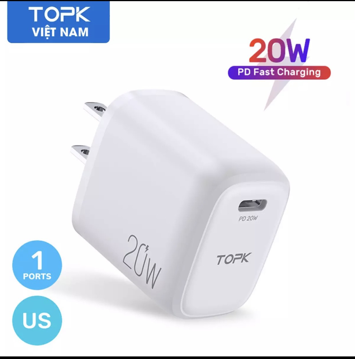 Củ Sạc Nhanh TOPK B210P Mini 20W Bộ Sạc Cổng PD 2.0 USB EU/US Dành Cho Samsung AFC HUAWEI FCP HUAWEI SCP - Hàng chính hãng