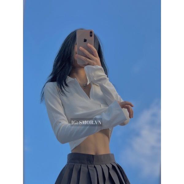 Áo croptop thun gân, tay dài, 1 túi