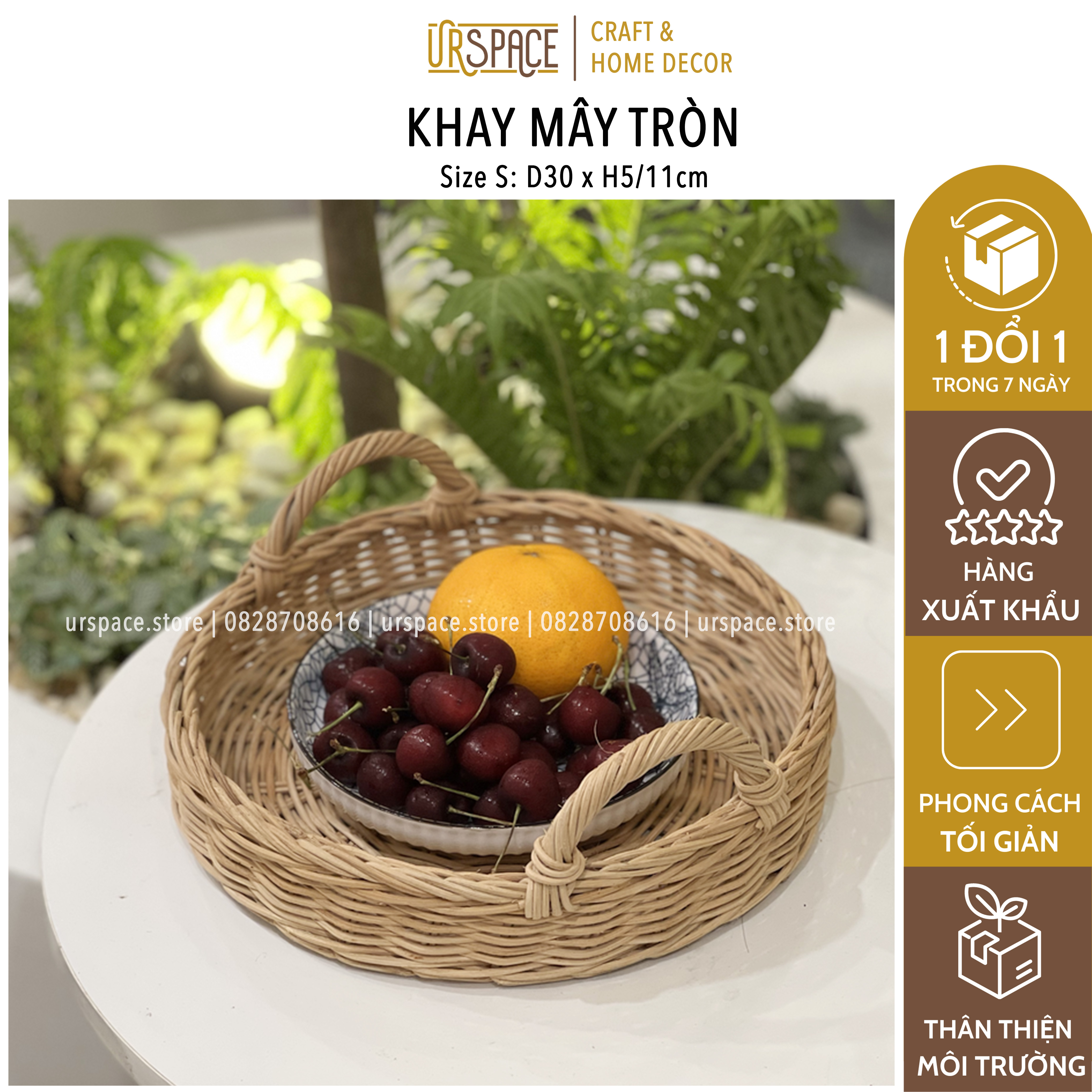 Khay mây đựng trái cây, khay mây tròn đựng bánh kẹo/ Hand-woven round rattan tray with handles