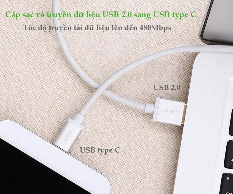 Ugreen UG30505US174TK 2M màu trắng Bộ chuyển đổi USB 2.0 sang USB-C - HÀNG CHÍNH HÃNG