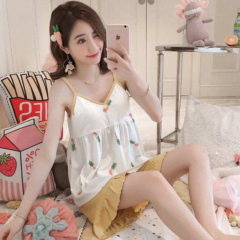 Bộ ngủ 2 dây nữ có đệm ngực tiện lợi đồ ngủ mặc nhà mặc đi biển dễ thương [BC18