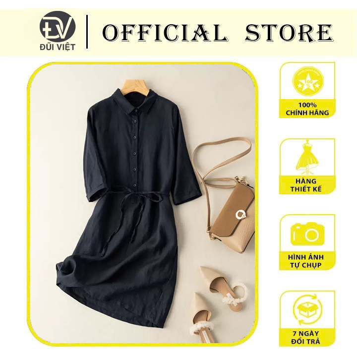 Đầm linen suông công sở cổ sơ mi thiết kế trẻ trung, Đầm suông tay