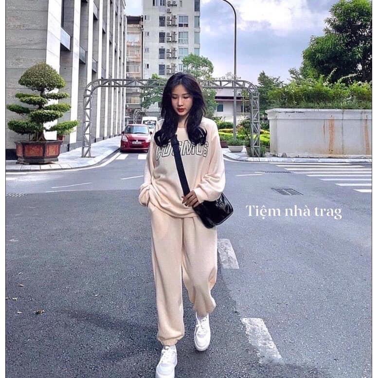 Sét Bộ Nữ, Set Bộ Nỉ Bông Cosmos Áo Hoodie Dài Tay Quần Bom Bo Gấu Chất Siêu Dày Dặn Phong Cách Thể Thao
