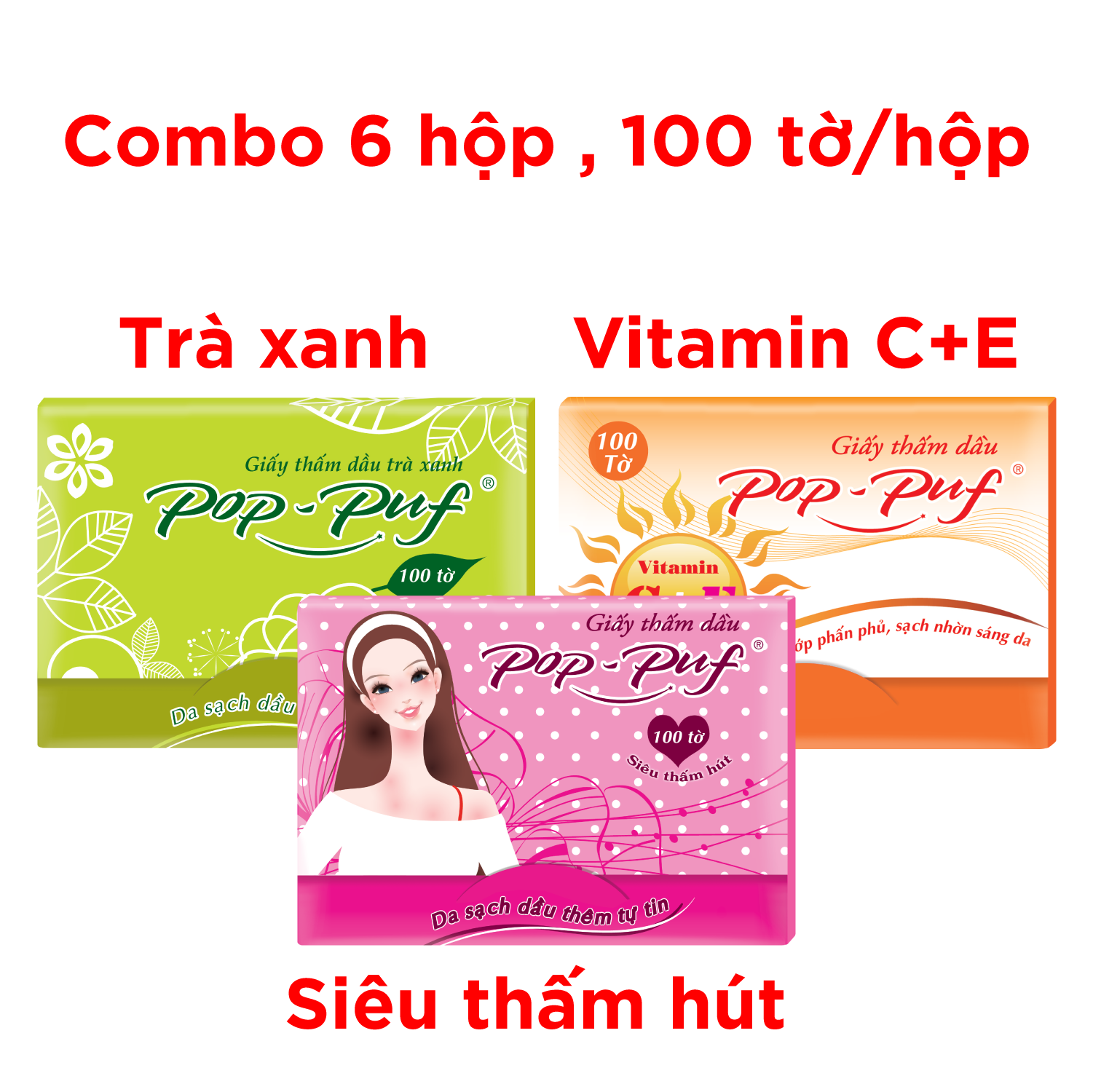 COMBO 6 HỘP GIẤY THẤM DẦU POP-PUF 100 TỜ/HỘP (SET 3 MÀU)