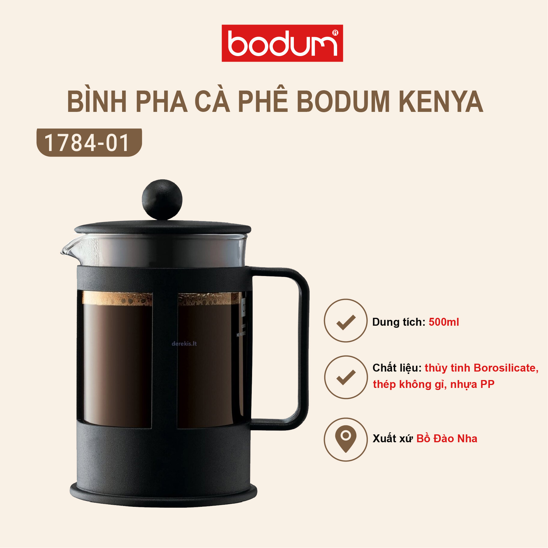 Bình pha trà, cà phê kiểu Pháp Bodum Kenya 500ml-1784-01, xuất xứ Bồ Đào Nha