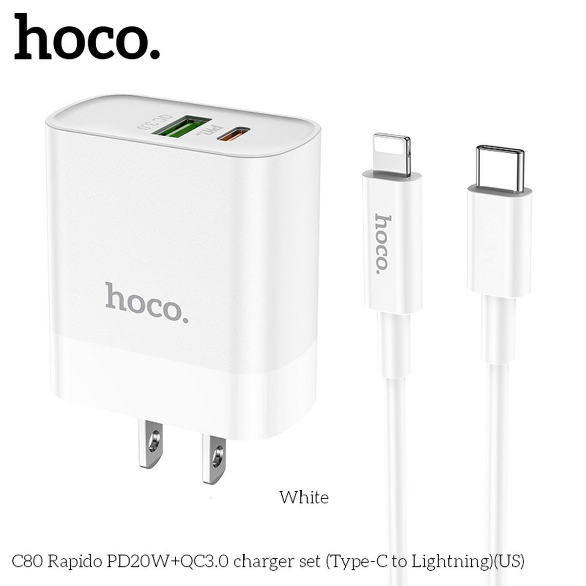 Bộ Sạc Nhanh Dành Cho Hoco. C80 PD20W QC3.0 2 Cổng Type-C + USB-A Kèm Cáp Type-C To IP Dây Dài 1m HÀng Chính Hãng