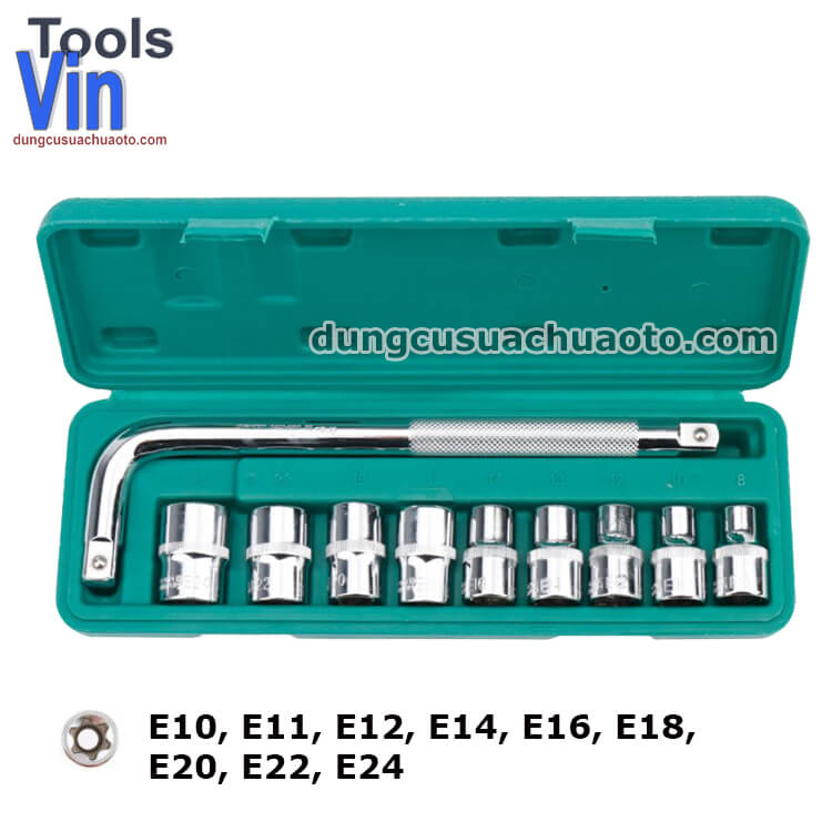 Bộ khẩu tuýp E 10 chi tiết cỡ lắp khẩu 1/2" KÈM tay vặn, E8-E24
