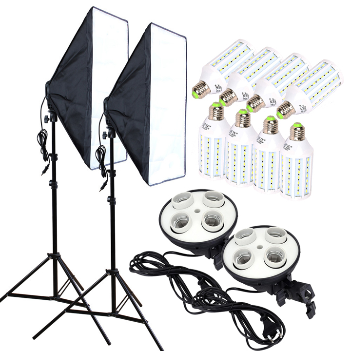 2 Softbox đuôi sứ 4 chuôi 50x70cm - 8 đèn Led 360 độ 480W - 2 chân đèn 2m