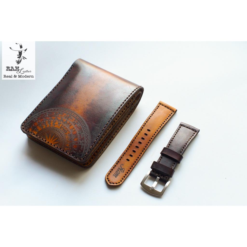 Combo Ví nam + dây đồng hồ socola - vàng da bò vegtan Ý bền chắc Chính hãng RAM Leather