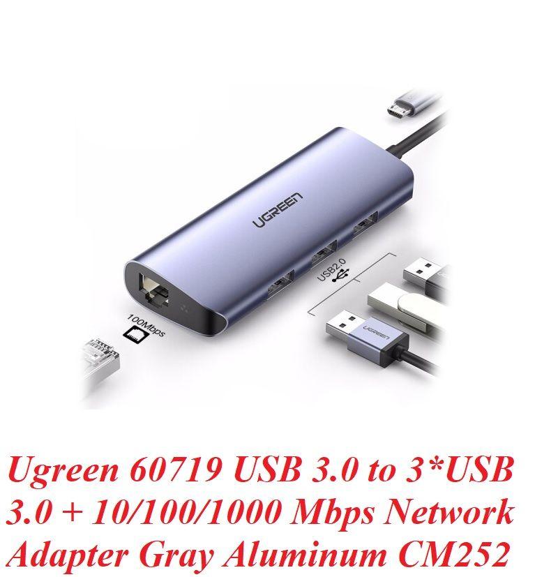 Ugreen UG60719CM252TK hub USB 3.0 ra 3*USB 3.0 + 10/100/1000 gigabit lan màu xám chất liệu nhôm cổng nguồn micro - HÀNG CHÍNH HÃNG