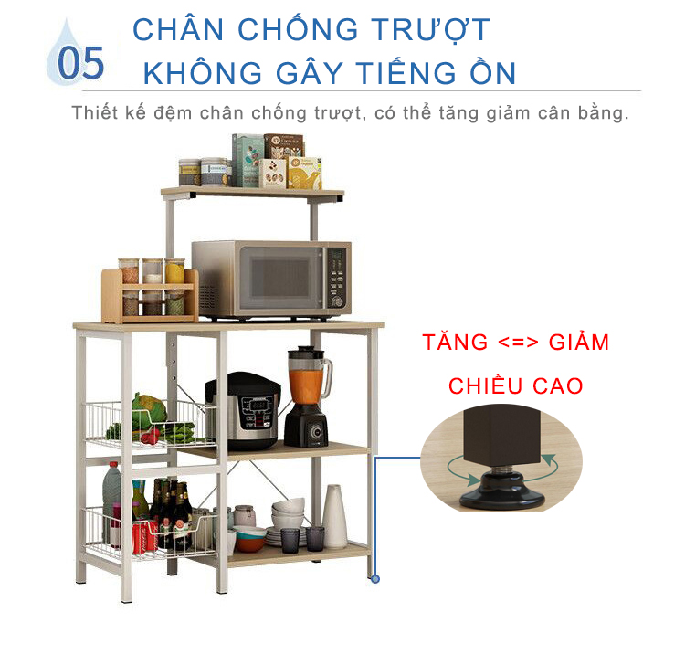 Kệ lò vi sóng đa năng 185N thương hiệu 9House kệ bếp để lò nướng nồi cơm điện kèm giá rổ để rau củ gia vị loại khung sắt dày sơn tĩnh điện chống rỉ mặt gỗ MDF lõi xanh chống ẩm bề mặt phủ melamine chống thấm cao cấp - Hàng chính hãng