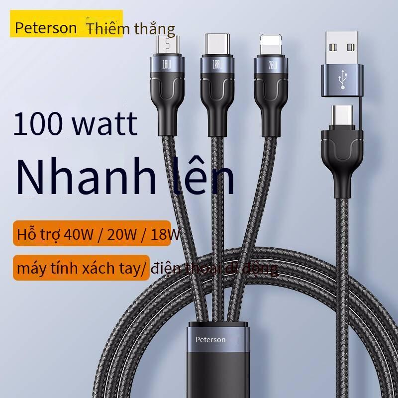 Cáp dữ liệu Pinsheng 100w kiểu mới nhất Cáp sạc nhanh ba trong một 6A Cáp sạc hai đến ba Cáp sạc flash PD đa chức năng một đến ba