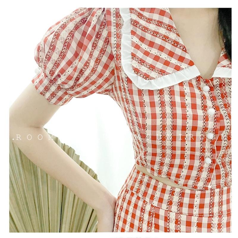 Cutie set - set áo chân váy caro đỏ phối bèo