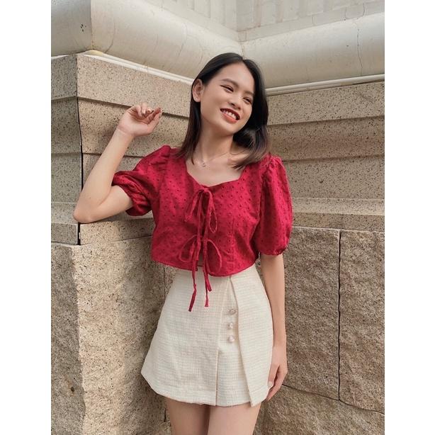 Áo kiểu croptop tay ngắn phồng Hàn Quốc cột nơ tiểu thư REVERCLOTHINGS Smiley Top